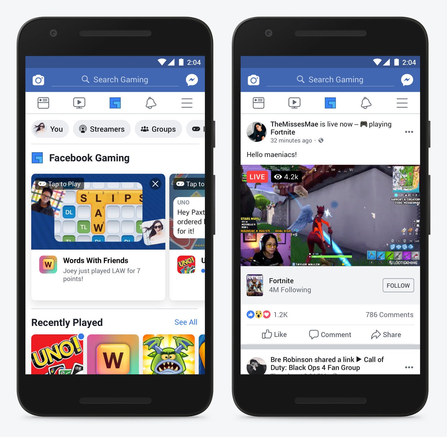 The gaming tab inside the main Facebook app.